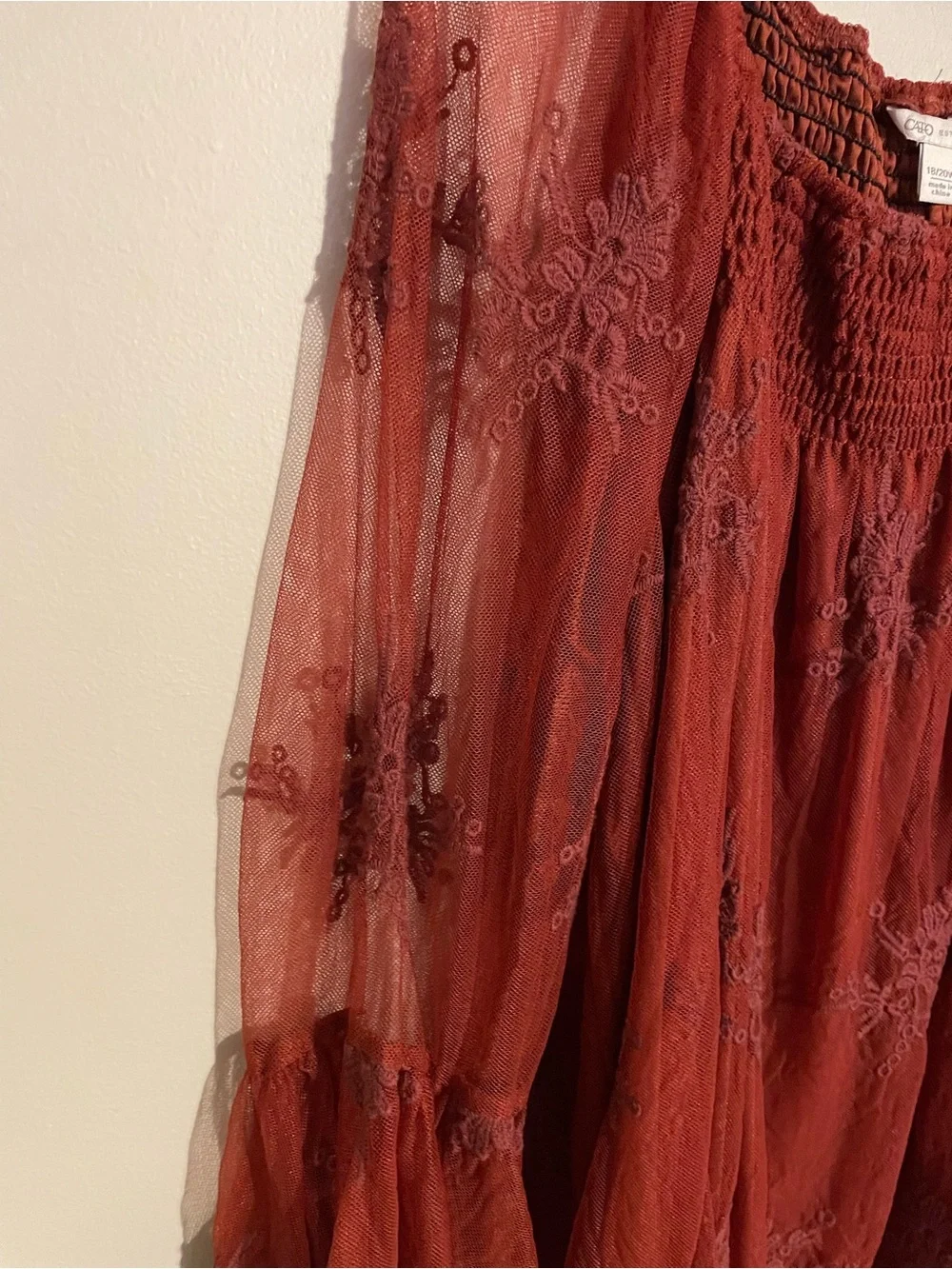 Cato Rust Sheer Embroidered Peasant Blouse